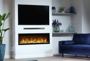 Standard variant Dimplex Ignite Evolve 74 built into a custom cinewall