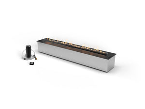 Modern linear fireplace with visible flames on a white background