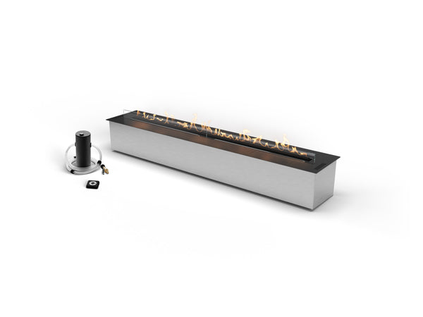 Modern linear fireplace with visible flames on a white background