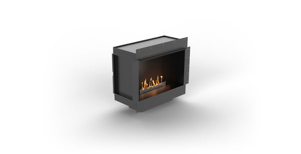 Modern freestanding fireplace with visible flames on a white background
