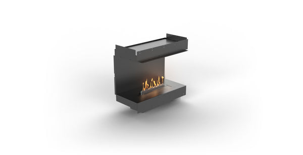 Modern black fireplace with visible flames on a white background