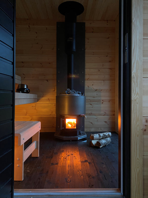Narvi Luosto WT Wood Burning Sauna Heater in a wooden sauna