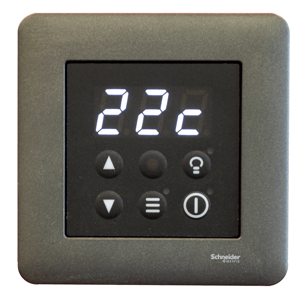 Digital thermostat with display and control buttons on a black background