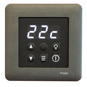 Digital thermostat with display and control buttons on a black background