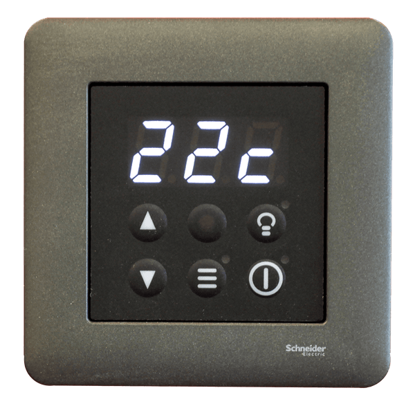 Digital thermostat with display and control buttons on a black background
