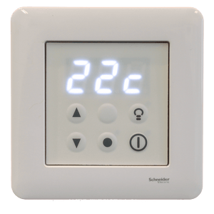 White digital thermostat with temperature display on a white background