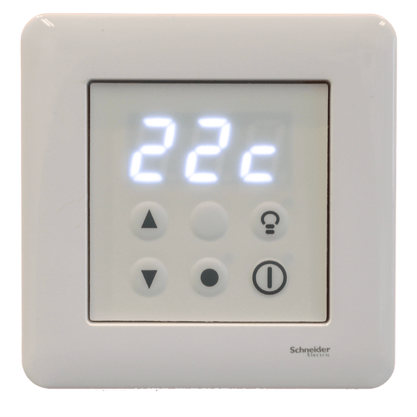 White digital thermostat with temperature display on a white background