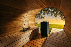 Black rectangular electric sauna heater with small stones in a wooden sauna