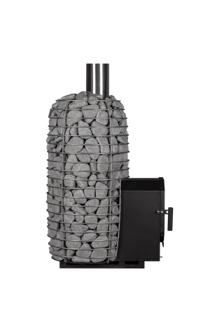 HUUM Hive Flow Mini LS wood burning electric sauna heater with grey stones on a white background