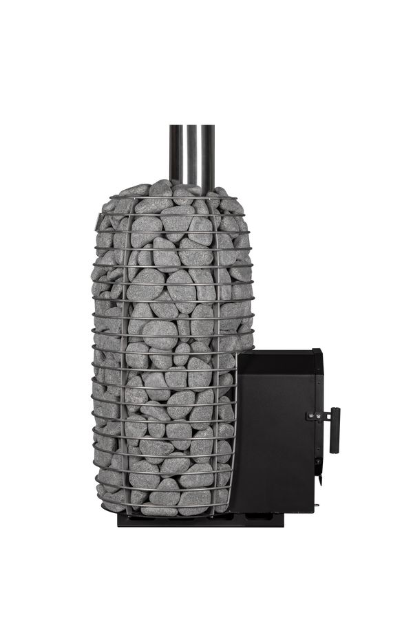 HUUM Hive Flow Mini LS wood burning electric sauna heater with grey stones on a white background