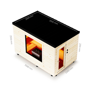 Wooden sauna with dimensions labeled on a white background