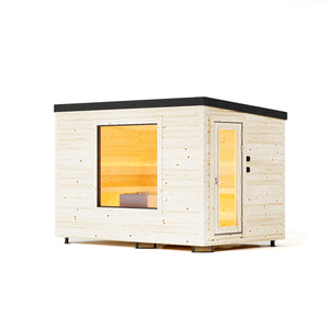 Wooden outdoor sauna with glowing interior on a white background