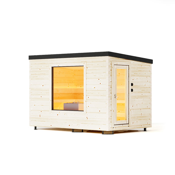 Wooden outdoor sauna with glowing interior on a white background