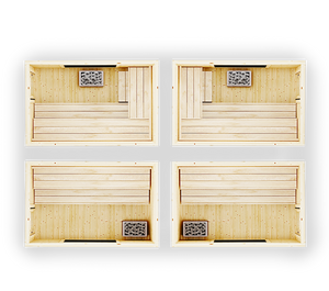 Four wooden benches with slatted sides on a white background