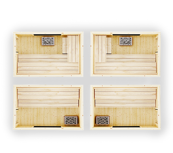 Four wooden benches with slatted sides on a white background