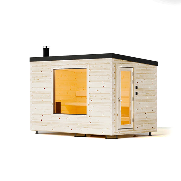 Wooden outdoor sauna with glowing interior on a white background