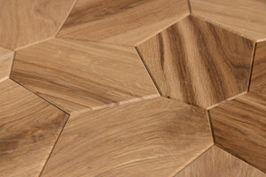 Close-up of hexagonal wooden tiles arranged in a pattern