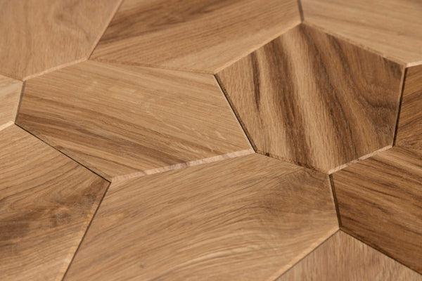 Close-up of hexagonal wooden tiles arranged in a pattern