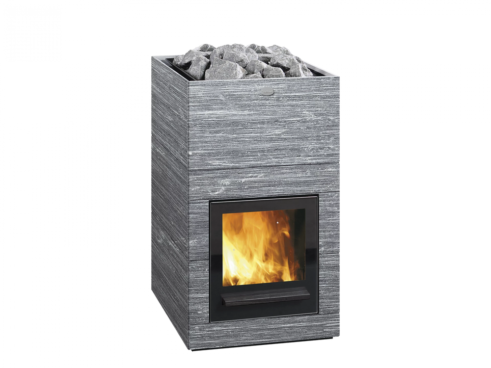 Modern wood burning sauna heater with glowing fire inside, surrounded by stones on a white background