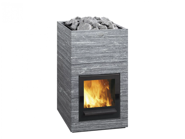 Modern wood burning sauna heater with glowing fire inside, surrounded by stones on a white background