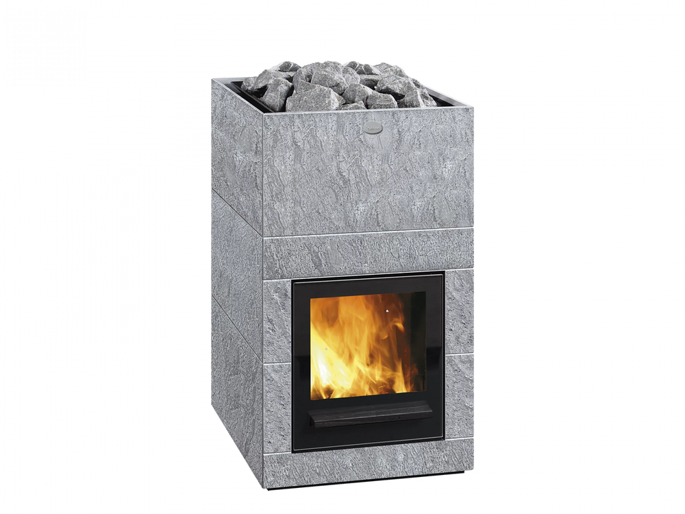 Wood burning sauna heater with glowing interior on a white background