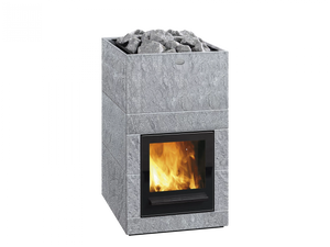 Wood burning sauna heater with glowing interior on a white background