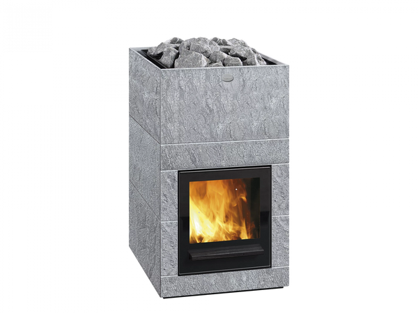 Wood burning sauna heater with glowing interior on a white background