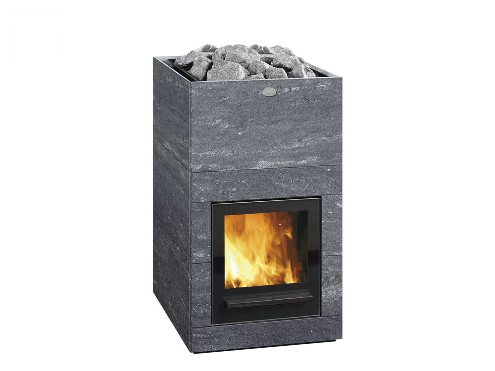 Tulikivi Hile Nobile Wood Burning Sauna Heater with glowing fire and rocks on a white background
