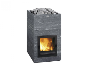 Tulikivi Hile Nobile Wood Burning Sauna Heater with glowing fire and rocks on a white background