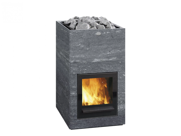 Tulikivi Hile Nobile Wood Burning Sauna Heater with glowing fire and rocks on a white background