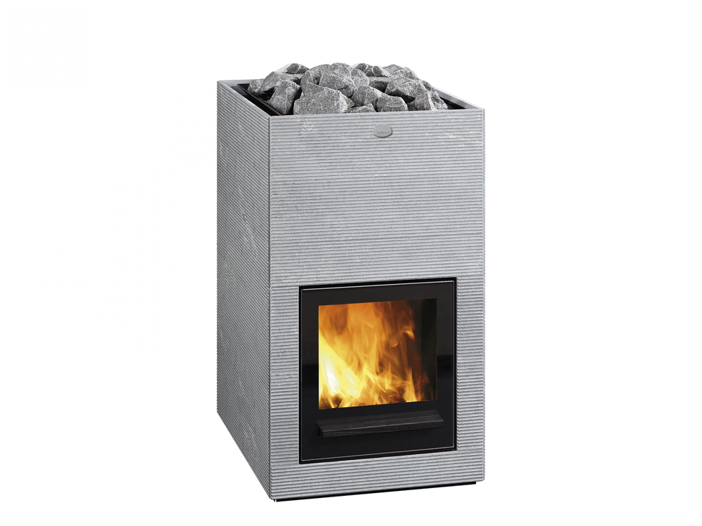 Tulikivi wood burning sauna heater with glowing flames and rocks on a white background