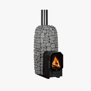 HUUM Hive Flow Mini LS wood burning electric sauna heater with grey stones on a white background