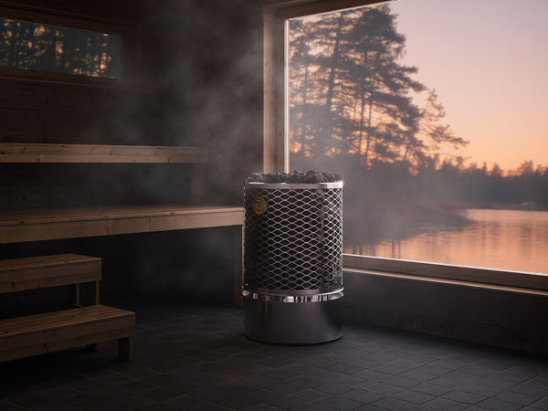 Wood burning sauna heater in a sauna 