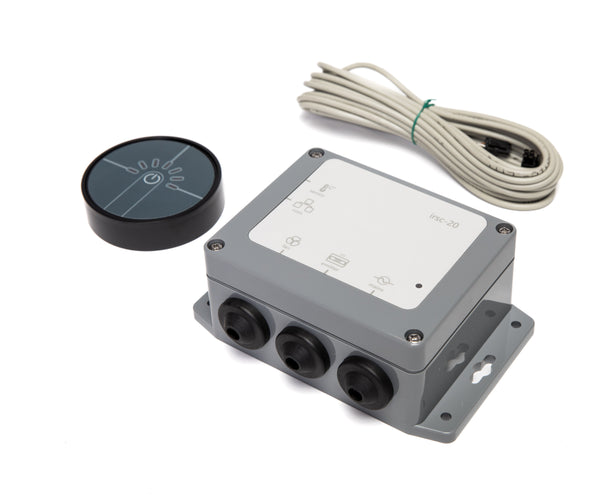 Electrical junction box with wiring and control knob on a white background