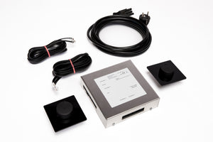 Electrical components including a power cord, connectors, and a control panel on a white background