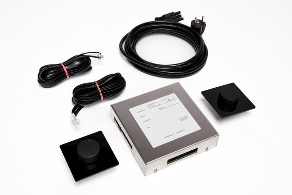 Electrical components including a power cord, connectors, and a control panel on a white background