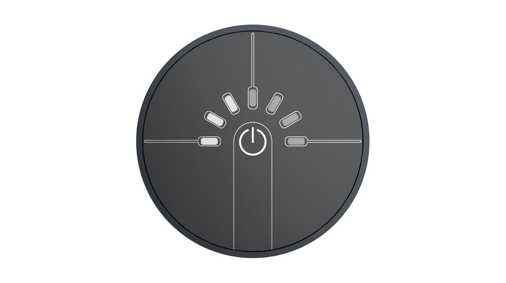 Round black control panel with power symbol on a white background