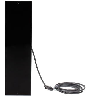 Black rectangular electric sauna heater with a cable on a white background