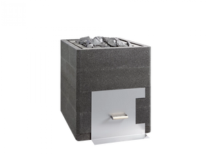 Ceramic smoke sauna stove with stone-like texture on a white background