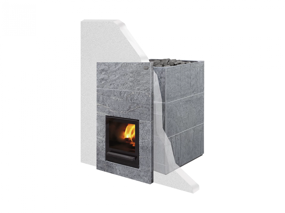 Modern stone stove with a white and gray design on a white background
