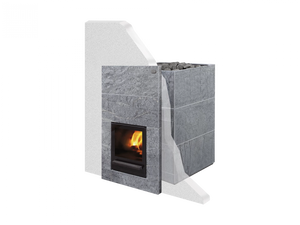 Modern stone stove with a white and gray design on a white background