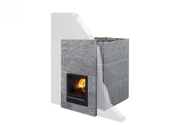 Modern stone stove with a white and gray design on a white background