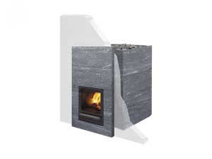 Modern wood burning sauna stove with stone design on a white background