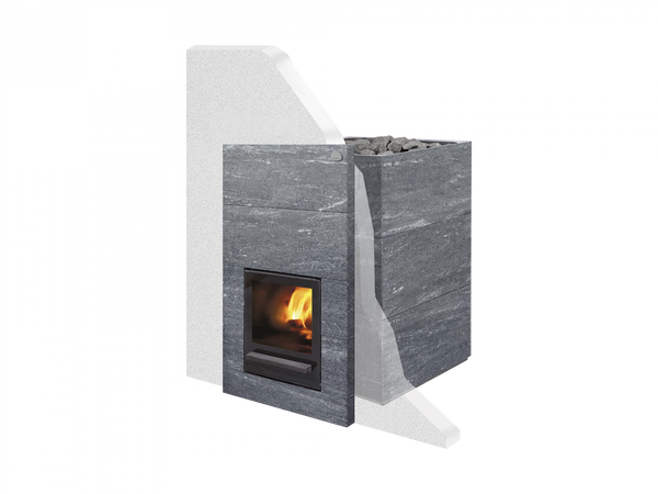 Modern wood burning sauna stove with stone design on a white background