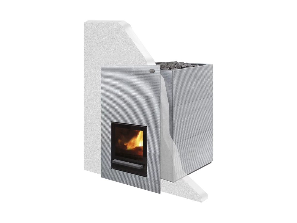 Modern white wood with visible flames on a white background burning sauna heater