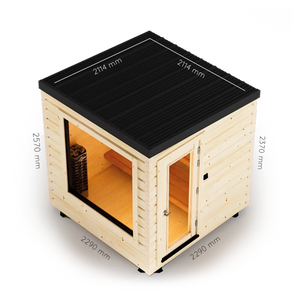 Wooden cabin with dimensions indicated on a white background
