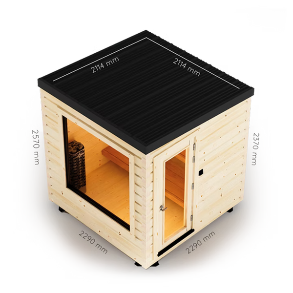 Wooden cabin with dimensions indicated on a white background