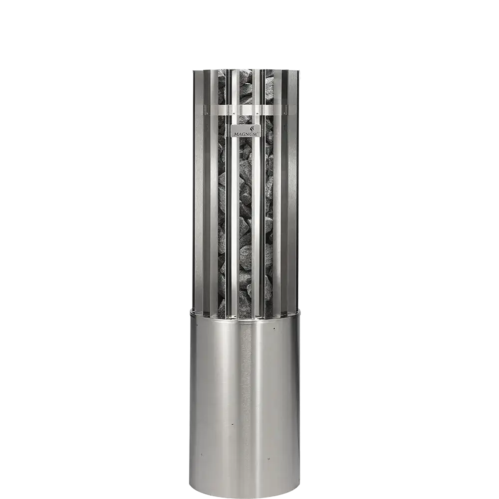 Stainless steel electric sauna heater with glass front on a white background