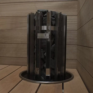 Sauna stone burner with 'MAGNUM' branding in a wooden sauna setting