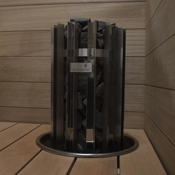 Sauna stone burner with 'MAGNUM' branding in a wooden sauna setting